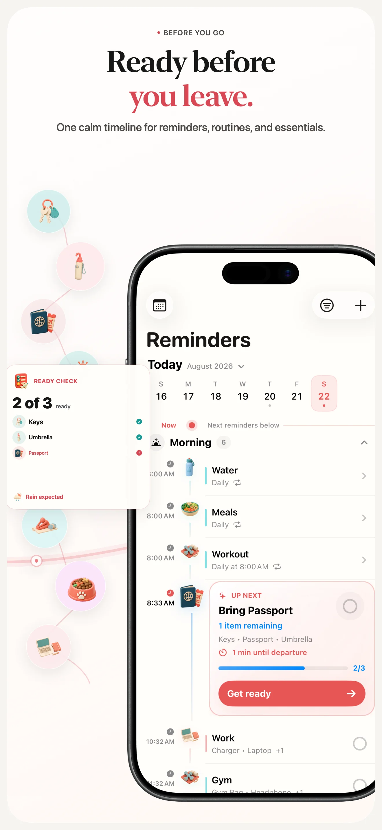 Reminders timeline with a ready check before departure