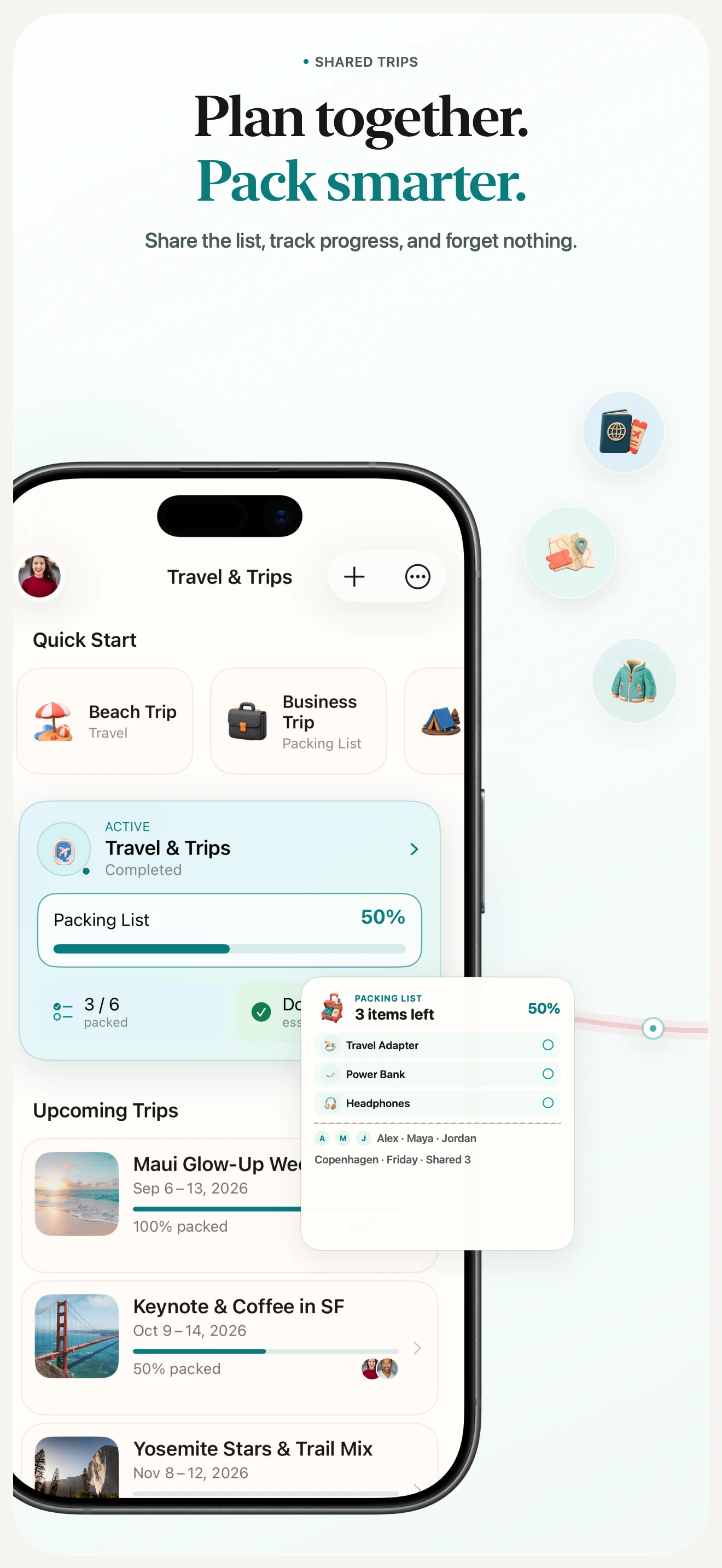 Shared trips with collaborative packing progress