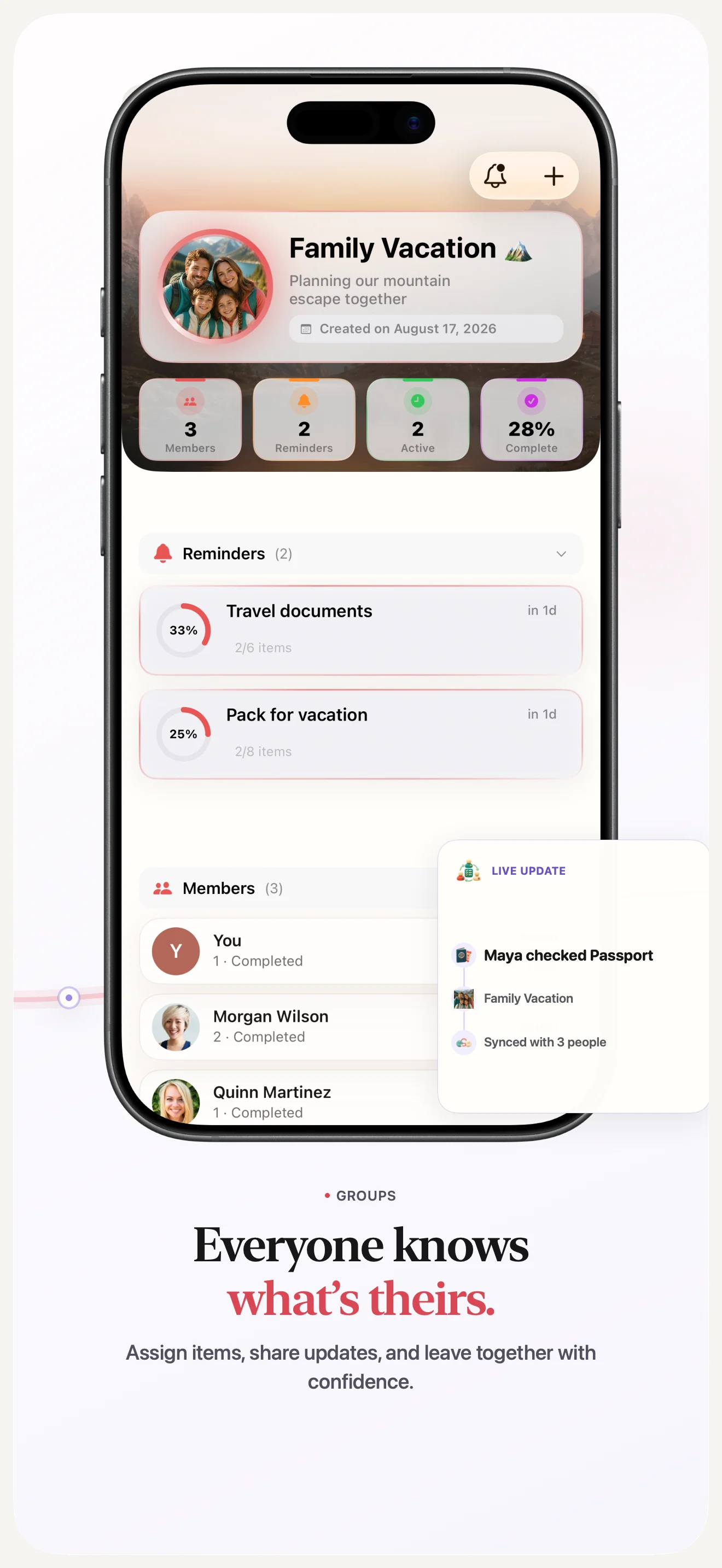 Shared family group with members and live reminder progress